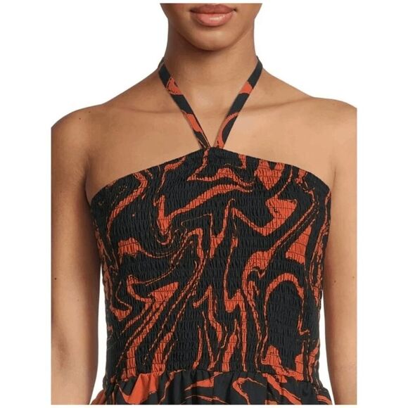 The Get Orange & Black Print Smocked Halter Romper - Picture 2 of 9